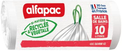 alfapac - 20 sacchetti per la spazzatura 10L con collegamento scorrevole - bagno - realizzati in Francia- bimateriale riciclato e vegetale
