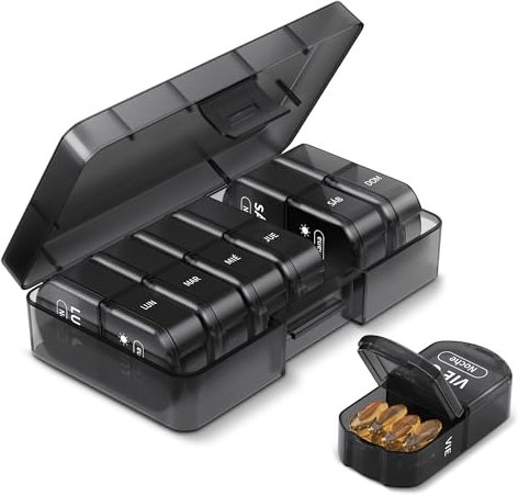 Opret Pastillero Semanal 2 Tomas Español, Pastillero Diario Grande 7 Dias, Dosificador de Comprimidos con 14 Compartimentos, Organizador de Pastillas para Viaje