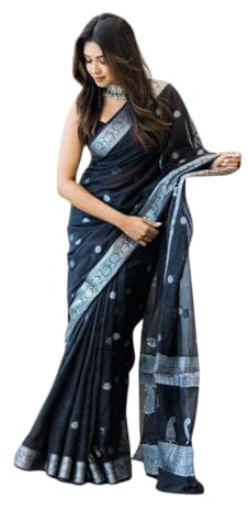 C J Enterprise Women's Pure Soft Cotton Silk Saree Kanjivaram Style With Blouse Piece for Wedding (Fatima), Black, One Size