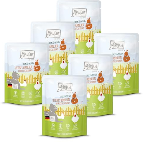 MjAMjAM - Premium Nassfutter für Katzen - Quetschie - Chicks & Friends délicieux Poulet aux poires fruitées, Paquet de 6 (6 x 300g), sans céréales