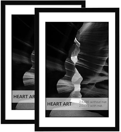 HEART ART 24x36 Poster Frame with Mat, Black Picture Frame, Display Pictures 20x30 with Mat or 24 x 36 Without Mat, Poster Frames 24 x 36 inches for Wall Mounting,2 Pack