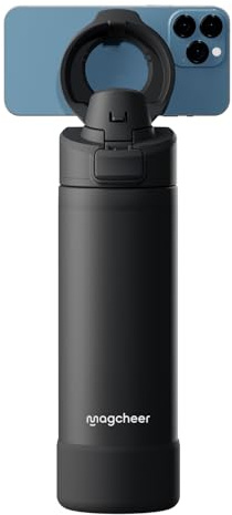 magcheer Botella Magnetica 750ml con Soporte Movil | Trípode Multi-ángulos | Sin BPA y A Prueba de Fugas | Botella Termica Frío 24h para Viajes y Selfies de Gym(Negro)