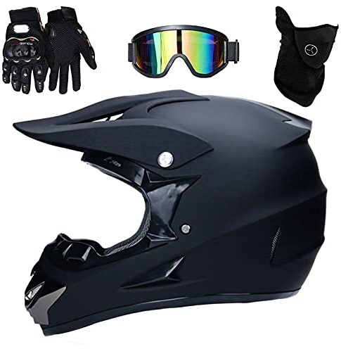 UIGJIOG Matt Black Motorcycle Cross Helmets ,Full Face MTB Helmet with Goggles Mask Gloves, Motocross Helmet Mens Off Road Helmet Youth Kids Motorcycle Crash Helmet