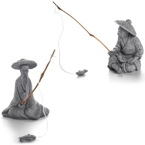 Nicunom 2 Pack Sitting Fishing Figurines, Small Sandstone Fisherman Statues Vintage Ornaments Asian Zen Decor for Fish Tank Aquarium Home Office Pot Garden Outdoor Decoration