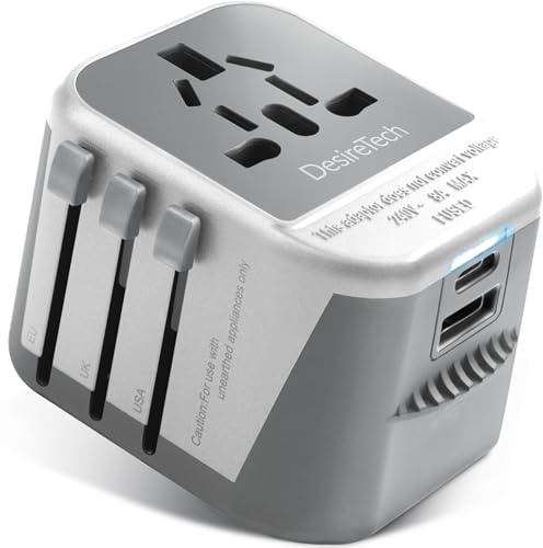 Desiretech Travel Adaptor - 4-in-1 Universal Plug Adapter with USB-A, USB-C, Phone Docking - Compact UK to World Adaptor, Double Fuse Protection - Perfect for Europe, USA, Asia & Beyond (White/Grey)