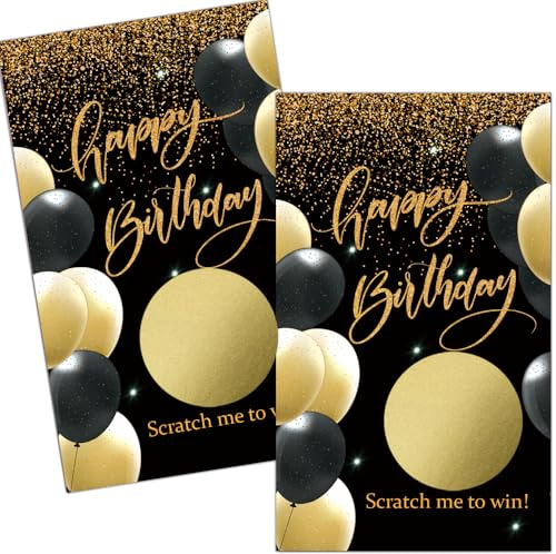 Haizct 50 Pack Happy Birthday Theme Scratch Off Card, Black Gold Balloon Scratch Card for 18th 40th 50th Birthday Tickets, Happy 50th 60th Party Supplies, Raffle Ticket Lottery Game for Group Activity