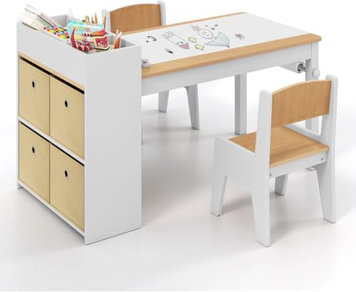 COSTWAY 3 in 1 Set Tavola d’Arte e 2 Sedie per Bambini, Tavolo in Legno con Rotolo di Carta per Disegnare, Mobile Montessori per Cameretta con Ripiani e 4 Cassetti in Tessuto Salvaspazio (Naturale)