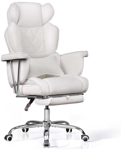 DEVAISE Sedia da Ufficio Ergonomica Bianca con Poggiapiedi – Poltrona Direzionale in Pelle Rigenerata, Schienale Reclinabile 90°-145°, Supporto Lombare – per Home Office, Gaming, Portata Max 180 kg