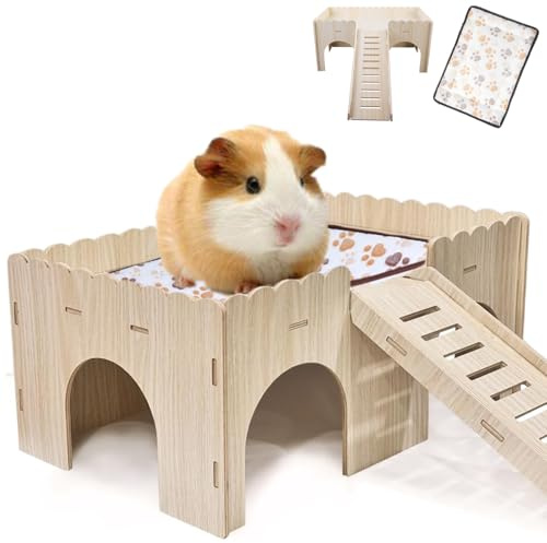 Casa grande para cobayas con rampa, cama de peluche, casa de conejo, casa de conejillo de indias, 4 entradas, cobayas, escondite de madera, conejillo de indias, cama de juguete, accesorios de 38 x 25