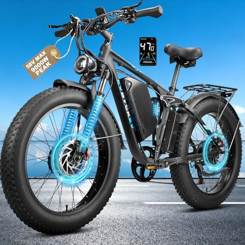 FVBOOBFV 9000W Peak Dual Motor Ebike for Adults 47 MPH Fast Electric Bike, 52V 1972 Wh Up to 105 Miles Ebikes,24 Fat Tire E-Bike,Full Suspension Electric Bicycle for Mountain Commuter Snow (Black)