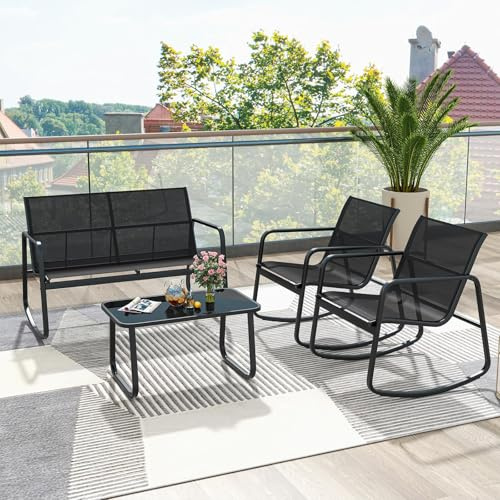 GIANTEX Set di 4 mobili da giardino con tavolino da salotto e panca da giardino e 2 sedie a dondolo, mobili da balcone in textilene con delicato movimento a dondolo (Nero)
