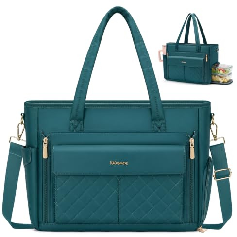RAINSMORE Teacher Work Bag with 15.6 Laptop & Lunch Compartment for Women | Ladies Laptop Handbag With Bottle Holder, Multiple Pockets, Large Work Tote Bag for Nurses, Office, College, Green
