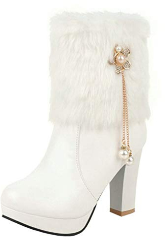 Birdsight Bottine Plateforme Fourrure Femme Talon Bloc Haut Carrés Boots Mi-Mollet Hiver Bout Rond avec Strass Perles Chaussures Fermeture Eclair Winter Booties(Blanc,39)