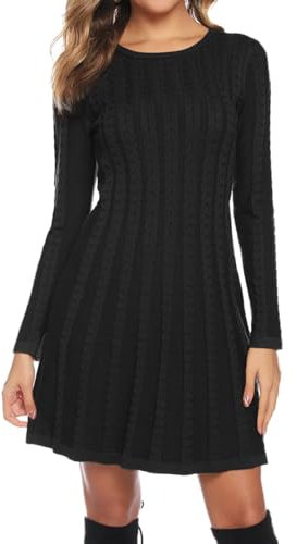 Gyabnw Damen Strickkleid Elegante A-Linie Kleid Pulloverkleid Zopfmuster Rundhalsausschnitt Minikleid Strickpullover für Party Cocktail Freizeit, Schwarz, M