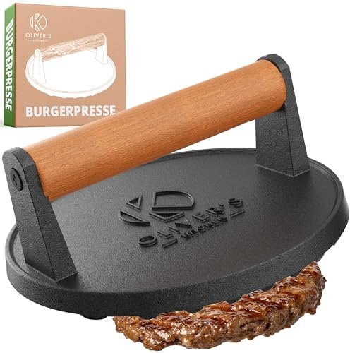 Pressa Hamburger Oliver's Kitchen ® - Pressa in Ghisa per Hamburger Diametro 19 cm – Impugnatura Confortevole – Base Antiaderente – Perfetta per Uso Professionale o Per Amanti del Barbecue