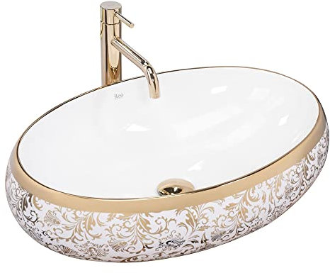 Rea Aufsatzwaschbecken Melania Meryl, Waschtisch Handwaschbecken Waschschale Waschbecken für Badezimmer aus hochwertiger Keramik, 600 x 405 x 145 mm (Weiß/Gold)