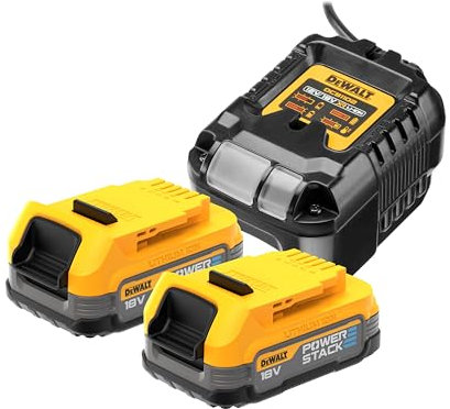 Dewalt Powerstack DCB1102E2 18 Volt Battery Kit (1.7 Ah, Innovative Pouch Cell Technology, Can be Used in All 18 V XR Battery Machines, with Capacity Display via LEDs, Includes 2 Batteries & Charger)