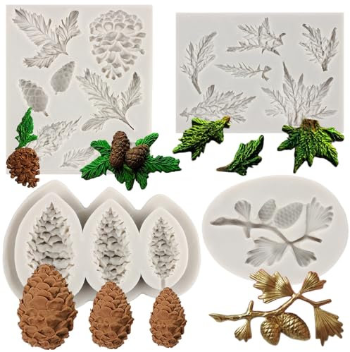 MYPRACS Christmas Pine Cone Branch Tree Silicone Mould Pinecone Fondant Mould for Xmas Cake Decorating Cupcake Topper Gum Paste Polymer Clay Set of 4