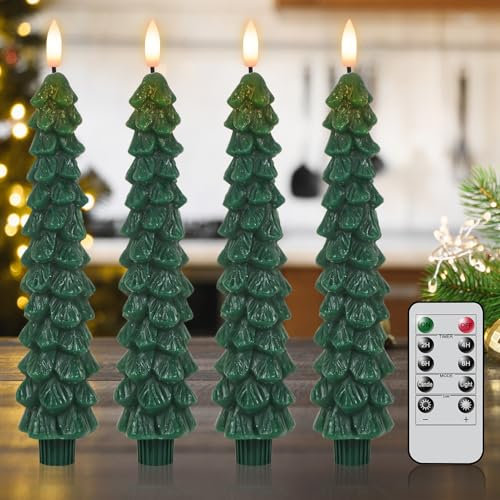 Eldnacele Christmas Tree LED Candles with Remote Timer, 4 Pcs Flameless Taper Candles Flickering, Battery Operated LED Candlesticks for Christmas Decorations