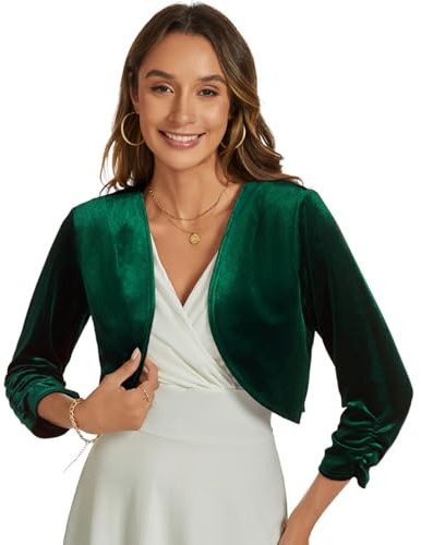 YOUNIFIZ Boléro en velours pour femme avec manches 3/4 et ouvert sur le devant, vert foncé, XL