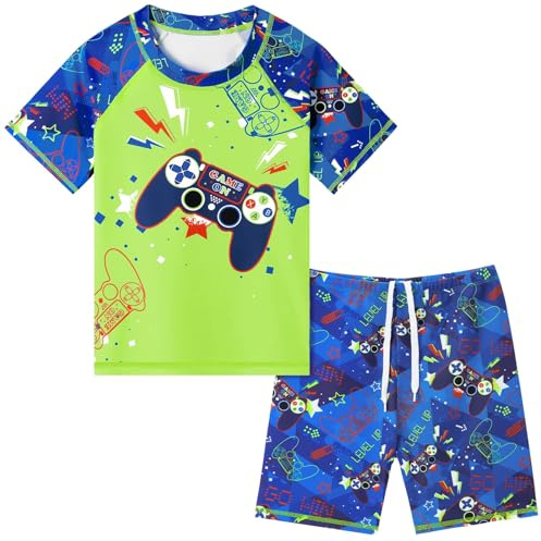 Jungen Badeanzug Set 2 Teilig Kinder Bademode Jungen Rashguard Shirt und Badehose Schnelltrocknend Badeset Jungen für Schwimmen Strand Urlaub