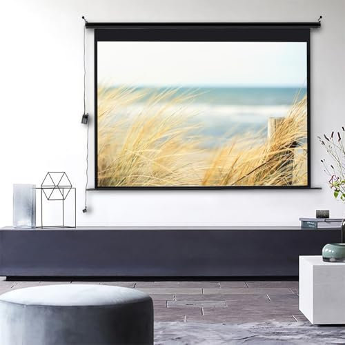 Premium Electric Motorized Projector Screen, High contrast, Integrated Switch & Wirelss Remote Control, Washable screen surface, Attached Bracket - 120 Inches / 4:3 Aspect Ratio/Black Frame