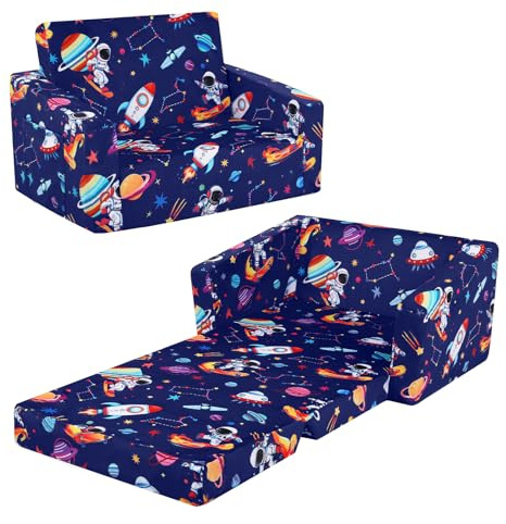 Sofás Plegables para niños Sillón con Respaldo Sillón 2 en 1, Sillón Infantil Cómoda Estable Ligero con Bolsillo de Tela, Sofá Cama Asiento para Bebé para Dormitorio Sala de Juegos, Astronauta Cohete