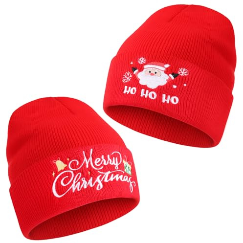 Halinuia 2 Pièces bonnets de Noël rouges, HO HO HO & Merry Christmas, Bonnet tricoté chaud unisexe adulte, Accessoire festif pour fêtes de Noël réunions familiales et soirées à thème