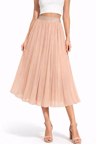 Miss Rouge Jupe plissée Femme midi Fluide – Taille élastique Ceinture pailletée – Jupe élégante Confortable pour Bureau, soirée et cérémonie