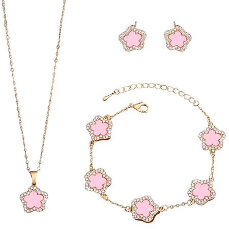XFSRG Parures de Bijoux Élégantes pour Femmes Collier Bracelet et Boucles d'Oreilles en Cuivre avec Fleurs Idéal pour Toutes Occasions (Rose)