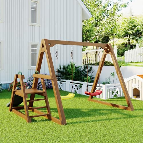 Dubbelgunga för barn, robust barngunga med rutschkana och klätterstege, gungställning för utomhusbruk i massivt trä, 238,5 x 240 x 168,9 cm
