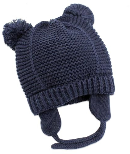 Exemaba Baby Warm Hat Earflap with Fleece Lining and Chin Strap Cute Toddler Winter Pompom Beanie Cap for Girls Boys(Navy, S/0-6m)