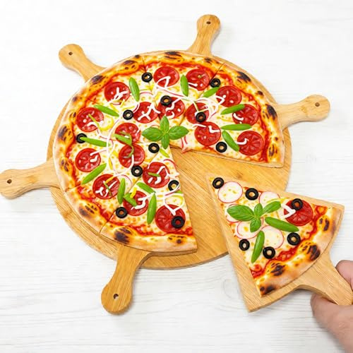 WSNDM Piazza Paddle Servizio Board, Bordo Rotondo Di Frutta 11in Con 6pcs Pannelli Singoli Triangolari, Tagliere Per Pizza Rotondo In Legno, Per Pizza, Foccacia o Pane, Piatto Per Pizza