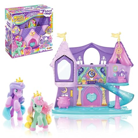 Magic PONYS School of Magic Spielset – großes Spielschloss für Mädchen mit 2 exklusiven Ponys & Glow-in-The-Dark Effekt , Pferde Spielzeug & Einhorn Haus, Lila, Rosa, Türkis