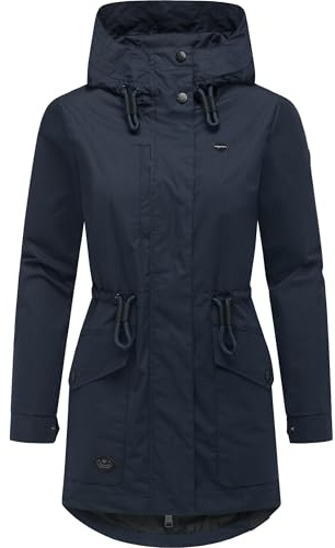 Ragwear lätt vattentät övergångsjacka för kvinnor kort jacka med midjeband och justerbar huva Alysa YOUMODO XS-6XL, Navy25, XL
