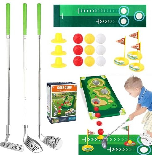 KQWVZ Golf Spielzeug für Kinder, Minigolf Set Enthält Eine Golfmatte, 3 Golfschläger, 9 Bälle, 3 Übungslöcher und 3 Golfflaggen, Kinder Golfset Spielzeug, Golfspielzeug Geschenk Für Draußen&Drinnen