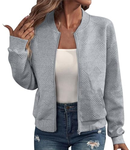 Veste Femme Mi Saison Sport Chic Et Elegant Legere Manches Longues Bomber Blouson Jacquard Bombardier Décontracté Zippée Veste de Baseball Pilote Manteau Couleur Unie Casual Sweatjacke Avec Poches