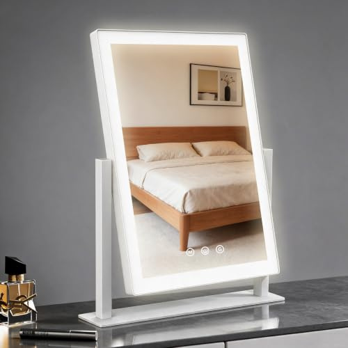 AIMAX Sminkspegel med belysning, 27,5 x 37,5 cm, 360° rotation, kosmetisk spegel med LED, 3 ljuslägen och dimbar, pekkontroll, bordsspegel för sminkbordet, för make-up, vit