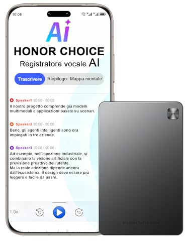 HONOR CHOICE AI Note Registratore Vocale, 600 Min/Mese di Trascrizione Gratuita, Dictafone Digitale con Riepiloghi IA e Mappe Mentali, 130+ Lingue, Sottile Scheda Magnetica, per Riunioni e Chiamate