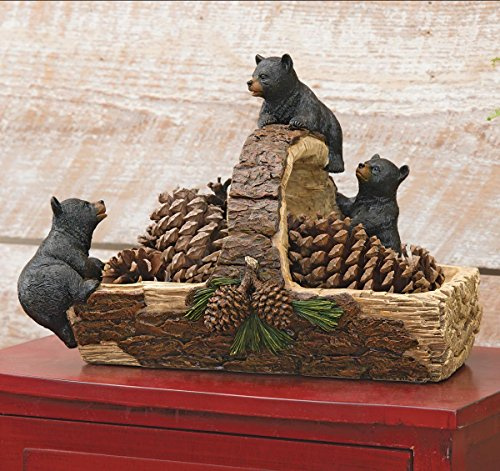 BLACK FOREST DECOR Black Bear & Log Basket – Hand-Painted Polyresin Basket with Pinecone Accents, 13.5 x 9.5 x 10