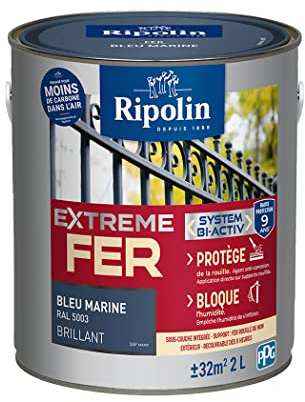RIPOLIN - Peinture pour Fer Extérieur - Glycéro Antirouille - Sous-couche intégrée - Application directe sur Rouille - Résistante aux Intempéries, UV et Chocs - Brillant - 2L - Bleu Marine RAL 5003