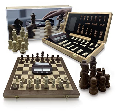 DOJA Barcelona | Echiquier en Bois et Minuterie Numérique | 39x39cm | Pièces Jeu Echec Staunton et Horloge Digitale | Pliable Jeu d Echecs Magnetique | Jeux de Société Enfant Adulte, Jeu Voyage..