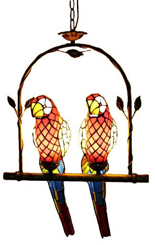 Tiffany Style 2 Heads Pendant Light Stained Glass Parrot Suspended Light Chandeliers LED Ceiling Hanging Light with Arch Shelf for Dining Room Bedroom Hotel (Color : A)