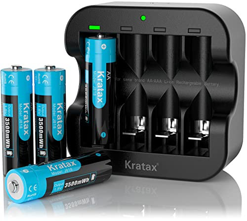 Kratax Wiederaufladbare Lithium AA Batterie für Überwachungskamera, Wireless Maus, 3500mWh Hohe Kapazität mit 1600 Zyklen, 4 Stücke 1,5V AA Lithium Batterien und Schwarzes Ladegerät