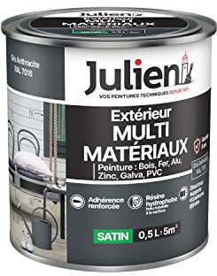 Julien Peinture Multi-Matériaux Satin en phase Aqueuse - Bois, Fer, Alu, PVC, Zinc, Acier galvanisé, brut ou peint - Gris Anthracite 0,5 L