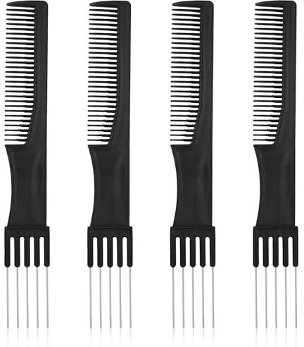 XYQMLY 4 Pack Hair Combs Lift Teasing Combs with Metal Prong, Salon Teasing Back Comb Styling Comb Black Carbon Comb with Stainless Steel Lift Hair Cutting Comb for Women Men Curly Hair Styling Salon