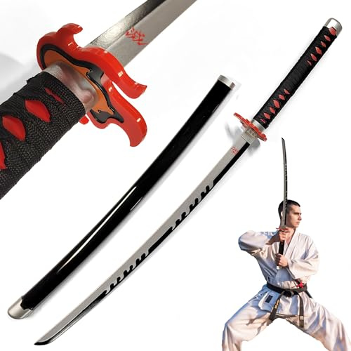 Demon Slayer - Tanjiro Kamado Spada v2 - Fire Breath in legno con fodero, spade samurai, lama di bambù, anime Katana, cosplay, giocattoli per bambini