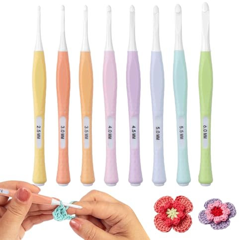 8 Stück Häkelnadel Set (2.5-6mm) Häkelnadel Ergonomische Stricknadeln Komfortgriff Häkelnadeln Bunte Äkelnadeln mit Weichem Kieselgel Griff für Anfänger und Erfahrene Häkelliebhaber