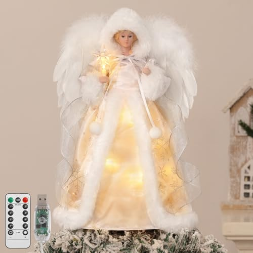 Lewondr Christmas Tree Topper Angel, 12'' Light Up Angel Tree Topper with Wings and Star Light, 8 Modes and 6 Hrs Timer USB and Remote Operated Christmas Decor for Holiday Home Decor, Silver