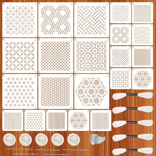 34 st Sashiko-stencil plastkit, plastschabloner för Sashiko geometriska mönster, syverktyg och textildesign, handquiltning, schabloner, bokstavsmallar prägling